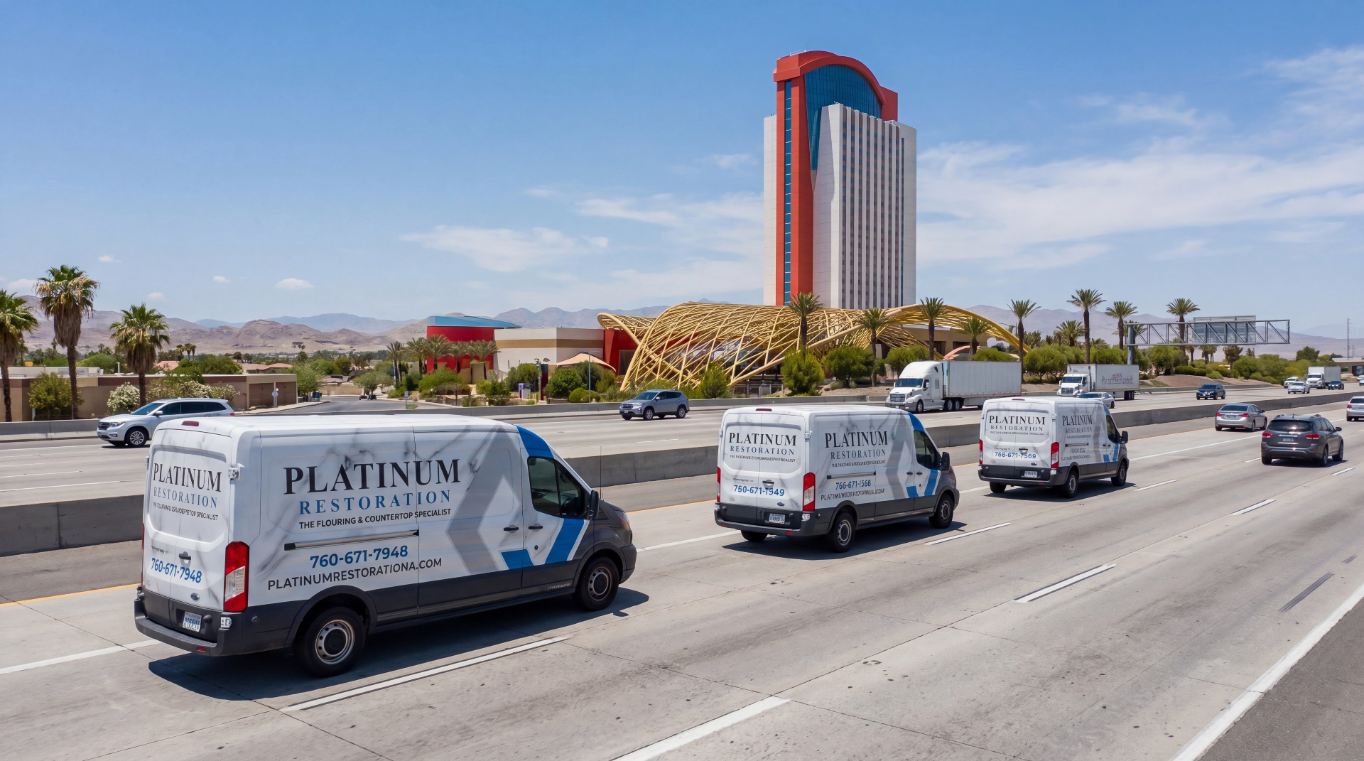 Platinum Restoration vans on the highway near Morongo Casino
